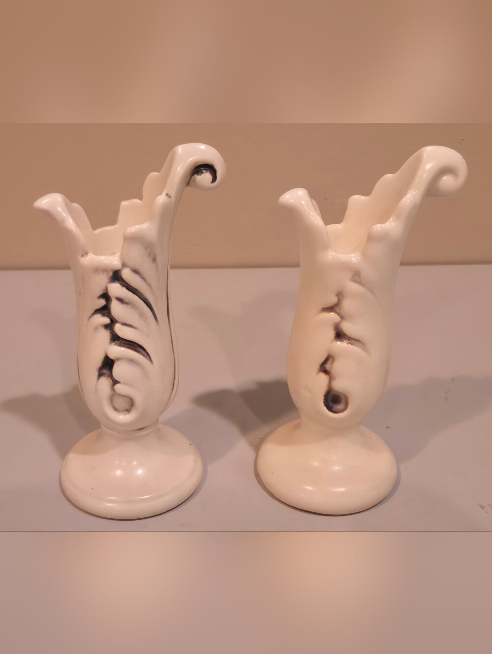 Pair of Decorative Red Wing Pottery White Ceramic Bud Vases with Black Accents